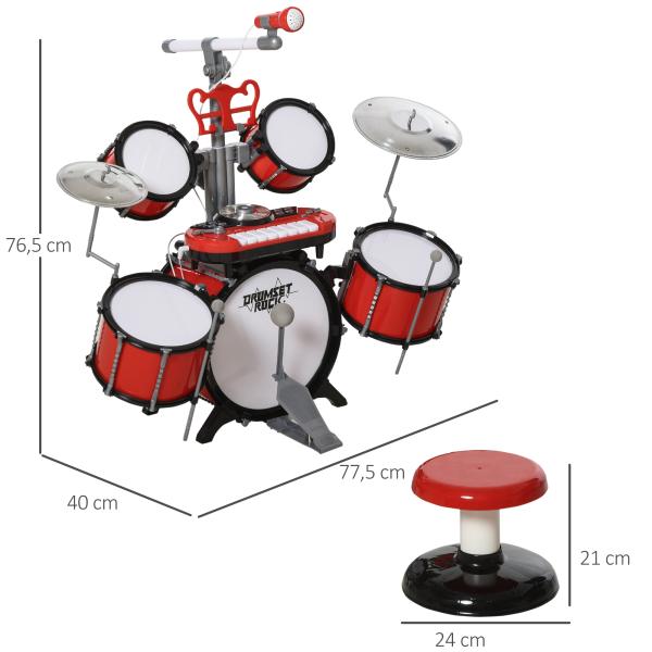 Kit de Bateria Infantil para Crianças Acima de 3 Anos com Tamborete Microfone Pratos Teclado e Vários Efeitos de DJ 77,5x40x76,5 cm Vermelho