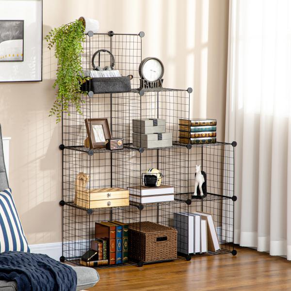 Estante Modular de 9 Cubos em Arame DIY, Organizador Multiusos para Sala, Preta
