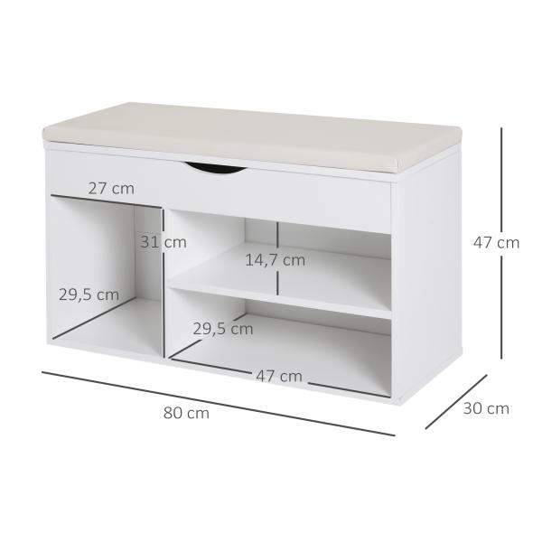 Banco Sapateira com Armazenamento Gaveta Prateleira e Assento Acolchoado para Entrada Estilo Moderno 80x30x47cm Branco