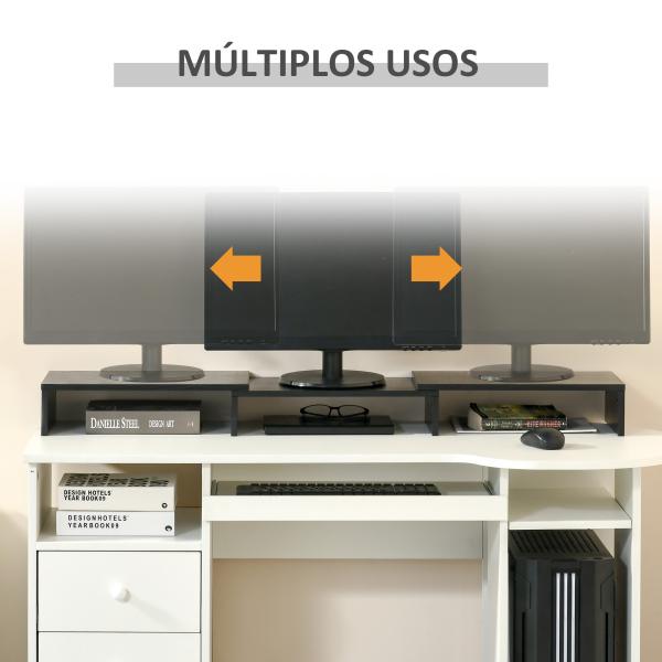 Suporte Elevado para Monitores de Madeira Ajustável em Comprimento e Ângulo para 2 Monitores Notebook 80 - 117x23,5x10cm Preto