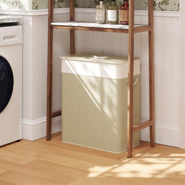 Cesto de Roupa com Tampa 100L de Bambu com 2 Compartimentos Bolsa Interior Amóvivel 52x32x63 cm Bege e Creme
