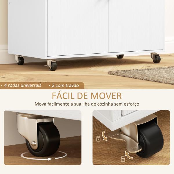 Ilha de Cozinha com Rodas com Lateral Dobrável Gaveta Suporte para Temperos e Prateleira Ajustável 106x42x87 cm Branco e Carvalho