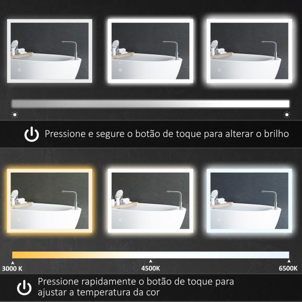 Espelho Casa de Banho com Luzes LED 80x60 cm Função Antiembaciamento 3 Cores Função de Memória e Interruptor Tátil Prata
