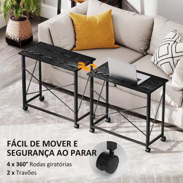Secretária Dobrável com Rodas Mesa de Secretária Compacta Portátil para Espaços Pequenos 80x40x75 cm Preto