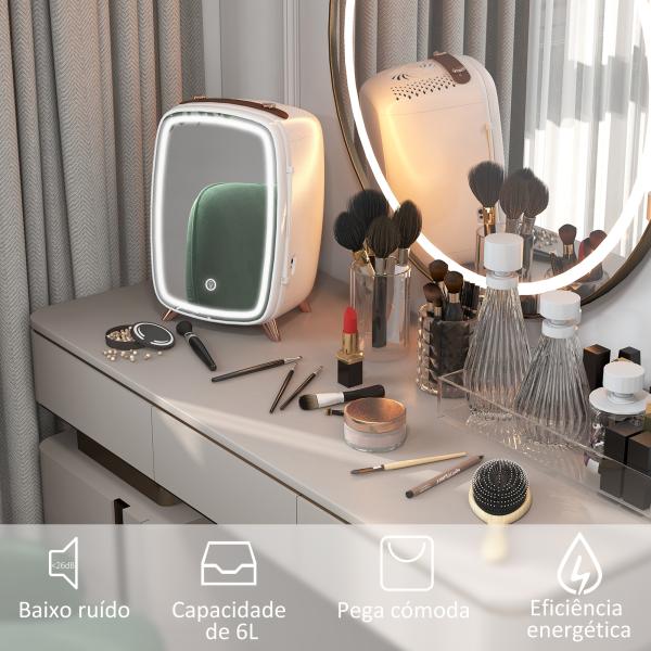 Mini Frigorífico de Cosméticos 6L de 9V com Porta com Espelho e Luz LED Ajustável em 3 Níveis 24,3x19,4x35,6 cm Branco