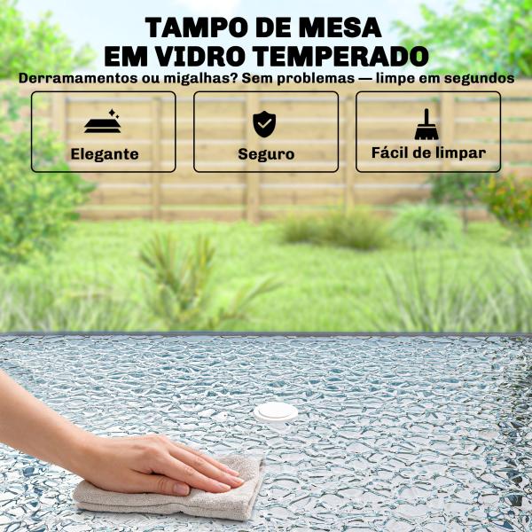 Conjunto de Mesa e Cadeiras de Jardim de 8 Peças com Chapéu de Sol 6 Cadeiras Dobráveis e Mesa de Vidro Cinza