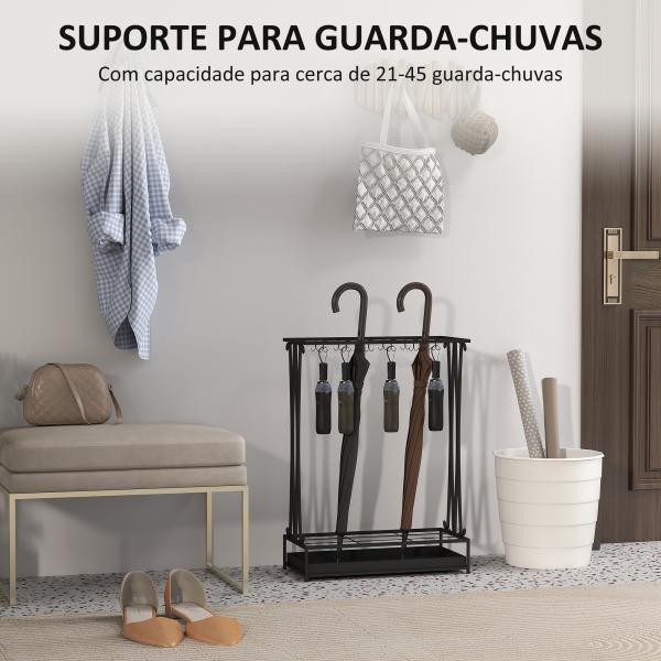 Suporte para Guarda - Chuva Moderno Retangular com 24 Ganchos 21 Espaços e Bandeja Recolhedora de Gotas 50x24x68 cm Preto