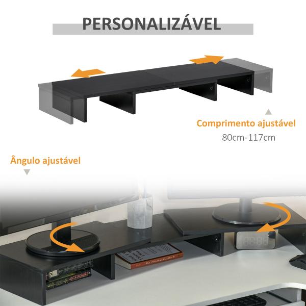 Suporte Elevado para Monitores de Madeira Ajustável em Comprimento e Ângulo para 2 Monitores Notebook 80 - 117x23,5x10cm Preto