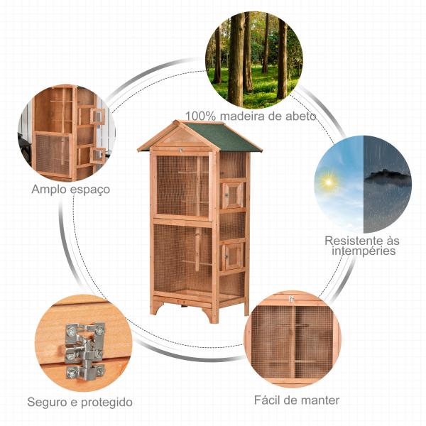 Gaiola para Pássaros de Madeira com 3 Portas 4 Poleiros Bandeja Amovível e Teto Asfáltico 80,5x57x153 cm Natural