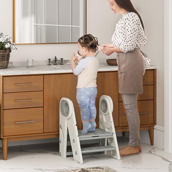 Banco para Crianças Dobrável Torre de Aprendizagem Escada para Crianças Antiderrapante 46,5x47x61,5 cm Cinza e Branco