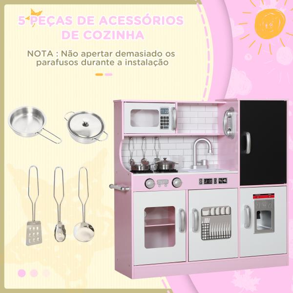 Cozinha de Brincar para Crianças acima de 3 anos Cozinha Infantil de Madeira com Acessórios Máquina de Gelo Ardósia e Telefone 83,8x26,8x81 cm Rosa