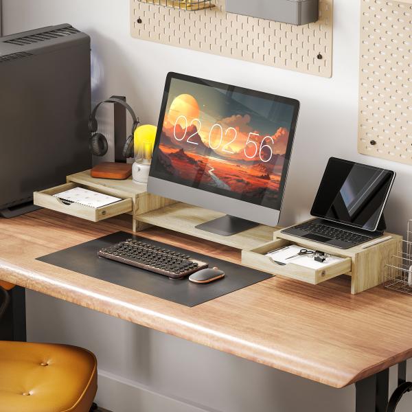 Suporte para Monitor com Ângulo e Comprimento Ajustável e 2 Gavetas para Escritório 60 - 116x22x12 cm Madeira