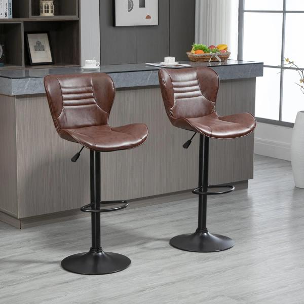 Conjunto de 2 Bancos de Bar Estofados em Couro Sintético Bancos Altos com Altura Ajustável Giratório com Encosto e Apoio para os Pés 46,5x54x88 - 108cm Marrom