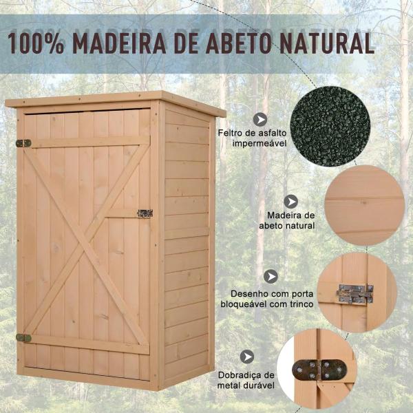Armário de Jardim de Madeira para Ferramentas com 3 Prateleiras Interiores Porta com Trava e Teto Asfáltico 75x56x115cm Madeira