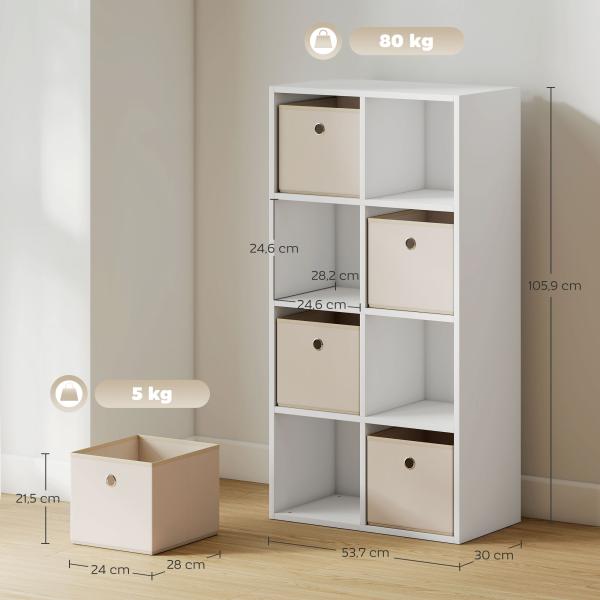Estante Cubo Estante de Armazenamento Horizontal ou Vertical com 8 Compartimentos e 4 Gavetas de Tecido 53,7x30x79,8 cm Branco e Bege