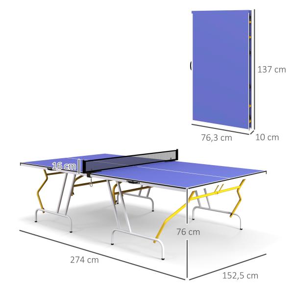 Mesa de Ping - Pong Dobrável com Rede Apoio para os Pés Ajustáveis e Estrutura de Aço para Interior e Exterior 274x152,5x76 cm Azul