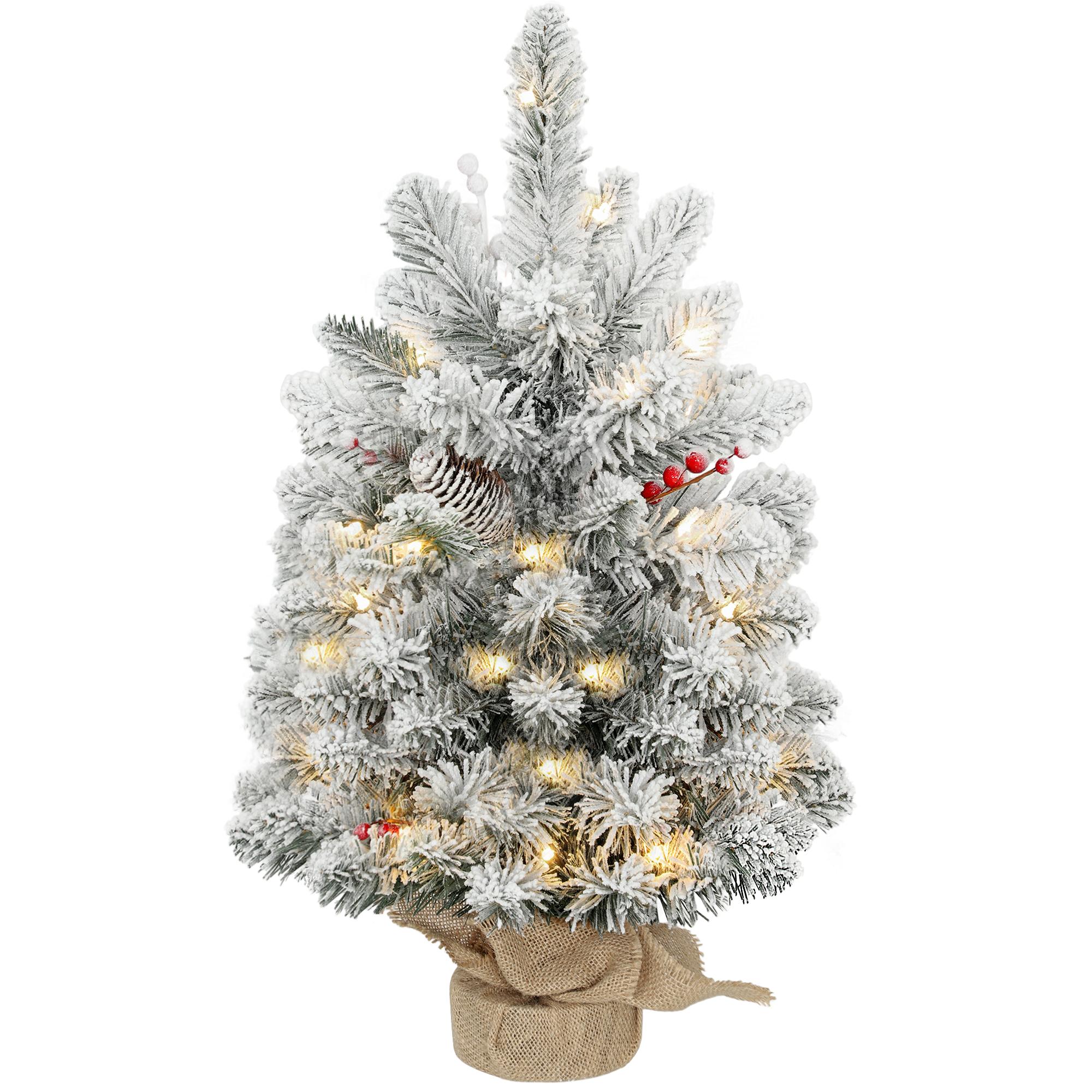 Mini Árvore de Natal Artificial com 35 Luzes LED 60 cm com 72 Ramos com Neve Pinhas Bagas e Base de Saco de Juta Ø37x60 cm Verde