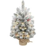 Mini Árvore de Natal Artificial com 35 Luzes LED 60 cm com 72 Ramos com Neve Pinhas Bagas e Base de Saco de Juta Ø37x60 cm Verde