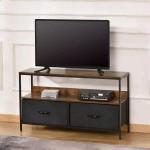 Móvel de TV até 47” Móvel de TV Industrial com Prateleira e 2 Cestos de Tecido Dobráveis para Sala de Estar Dormitório Estrutura de Metal 98x29x56cm Marrom Rústico e Preto