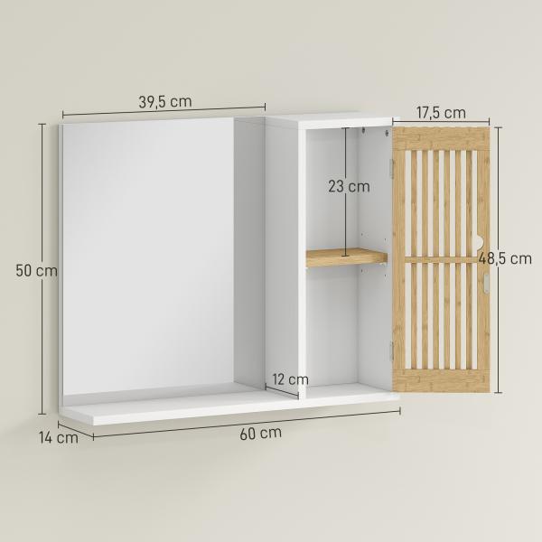 Espelho de Casa de Banho 60x50 cm Espelho de Parede com Porta de Ripas de Bambu Prateleiras de Arrumação Branco e Madeira