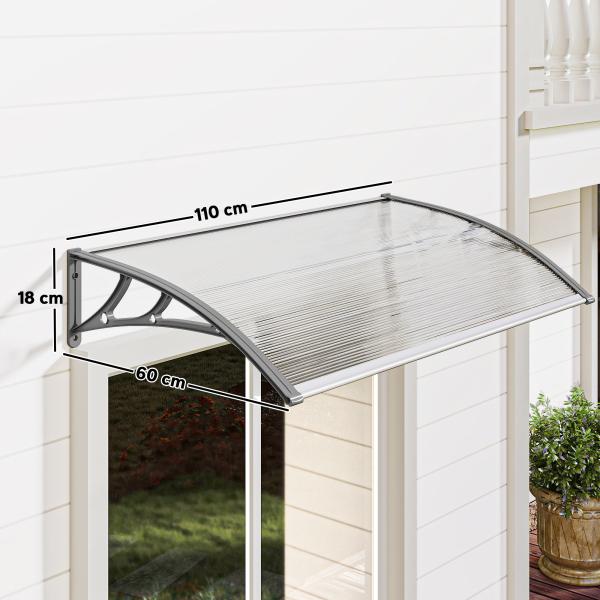 Marquise de Proteção 110x60cm Marquise Exterior para Portas e Janelas contra o Sol e Chuva com Suporte de PP Policarbonato Cinza