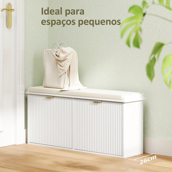 Banco Sapateira Móvel Sapateira Estreito com Assento Estofado 2 Caixas Rebatível e Painel de Ripas 104x26x47,5 cm Branco