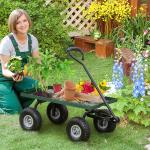 Carro de Transporte com Pega Revestida e 4 Rodas Grandes de Ø24 cm Carrinho de Jardim em Aço 94x48,5x100 cm Preto e Verde