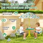 Conjunto Infantil de Mesa e Cadeiras de Jardim de 4 Peças Cadeiras Dobráveis Chapéu de Sol Desmontável Design de Selva Verde