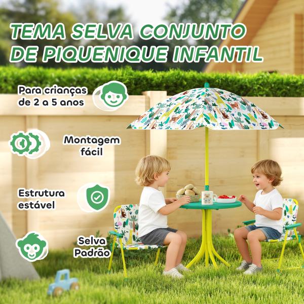 Conjunto Infantil de Mesa e Cadeiras de Jardim de 4 Peças Cadeiras Dobráveis Chapéu de Sol Desmontável Design de Selva Verde