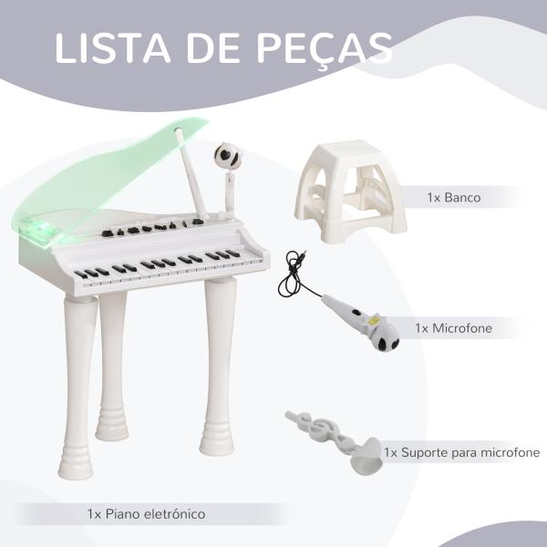 Piano Eletrónico para Crianças com 32 Teclas Microfone Luzes 22 Músicas 4 Tons e Volume Ajustável 37x30,5x60,4 cm Branco