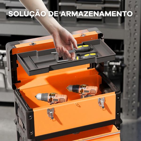 Caixa de Ferramentas com Rodas Empilhável em Aço com Bandeja e Pega Telescópica Laranja e Preto