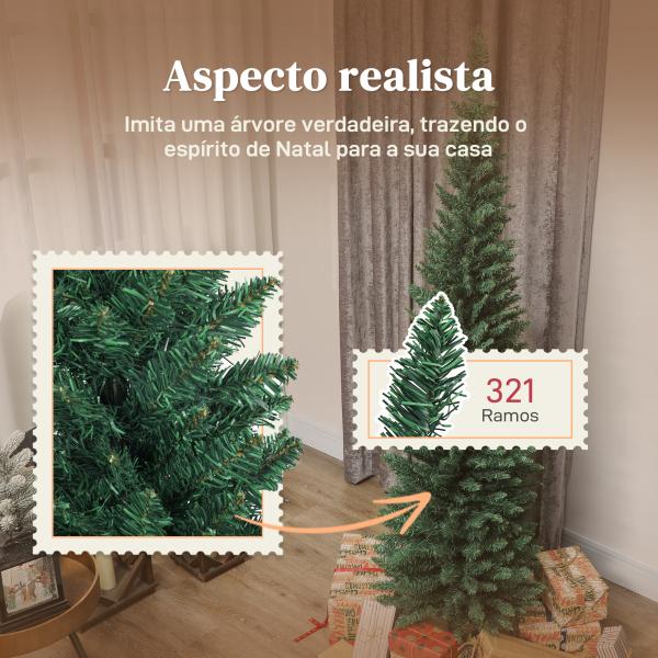 Árvore de Natal Slim 180 cm Árvore de Natal Artificial com 321 Ramos Suporte Metálico Decoração para Interior Verde