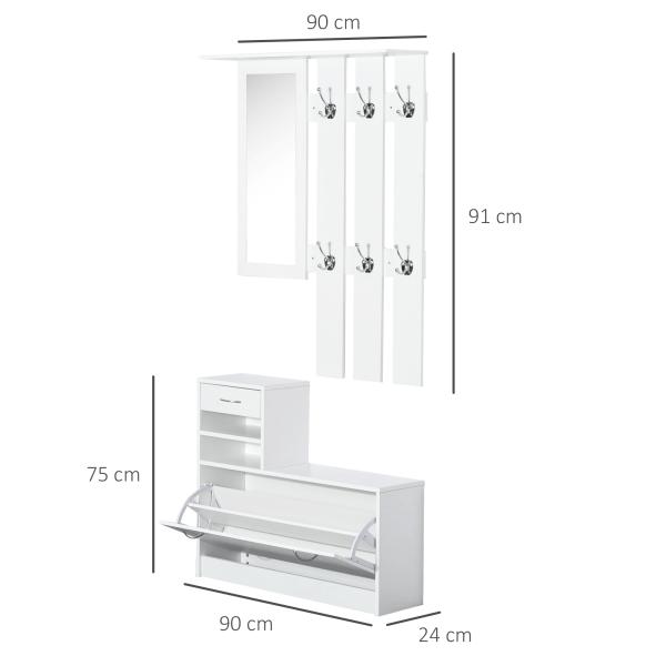 Móvel Entrada Cabideiro Entrada c/ Gaveta Sapateira e Espelho Branco 90x10x102 cm