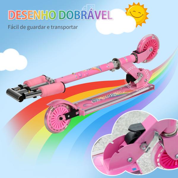Trotinete para Crianças Dobrável com Luzes e Música 4 Alturas Ajustável Rodas Brilhantes e Pedal LED 67x32x65 - 78 cm Rosa
