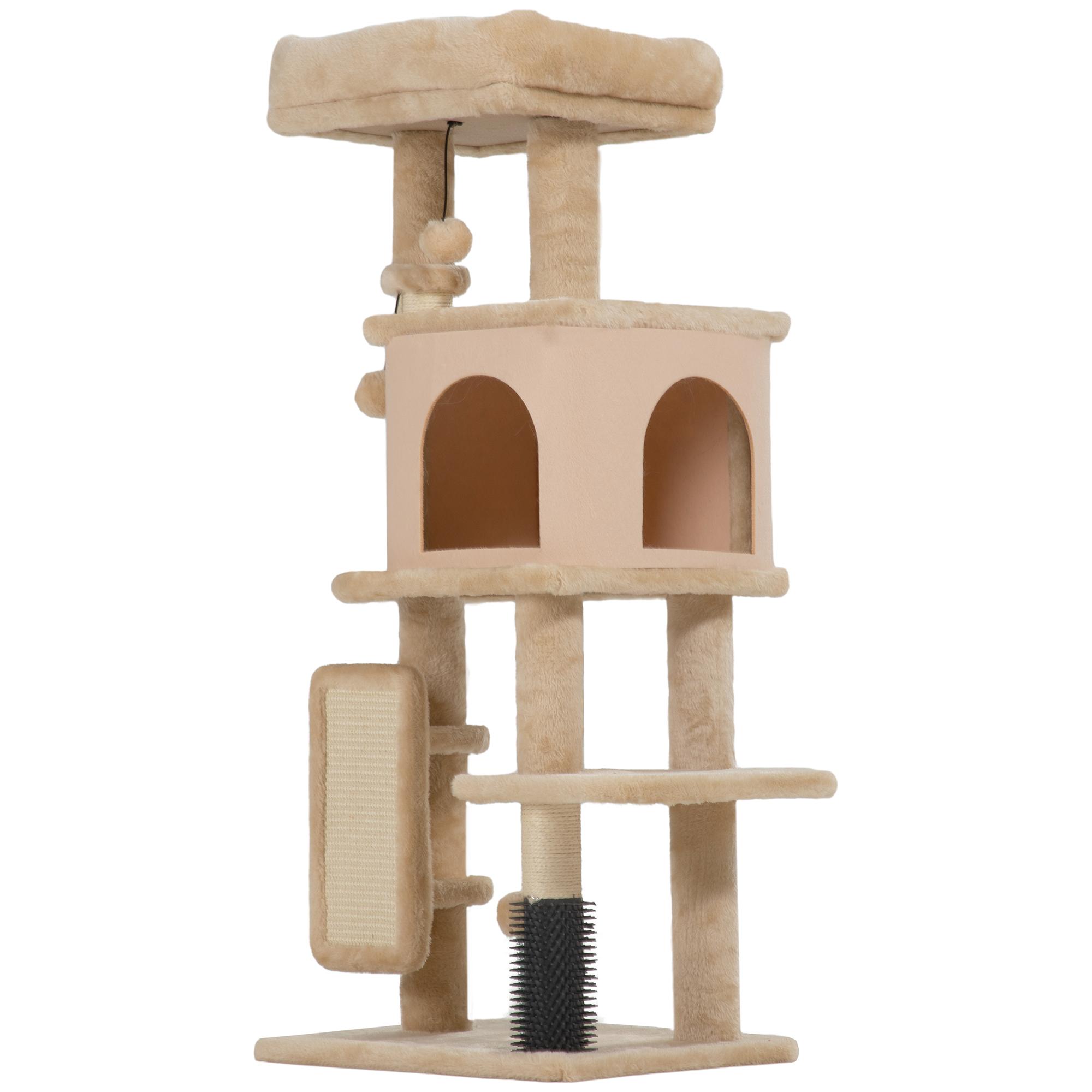 Arranhador para Gatos Grande Altura 104 cm com Plataformas Postes com Escova Bolas Suspensas e Almofadas para Arranhar Bege