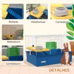 Gaiola para Visons com Bandeja Gaiola para Animais Pequenos com Plataforma Rampa Comedouro e Bebedouro 71x46x47 cm Branco e Azul