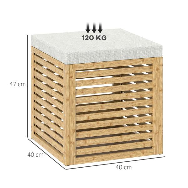 Banco com Armazenamento 57,7L Banco com Arrumação Estofado em Linho Sintético com Estrutura em Bambu 40x40x47 cm Cinza e Madeira