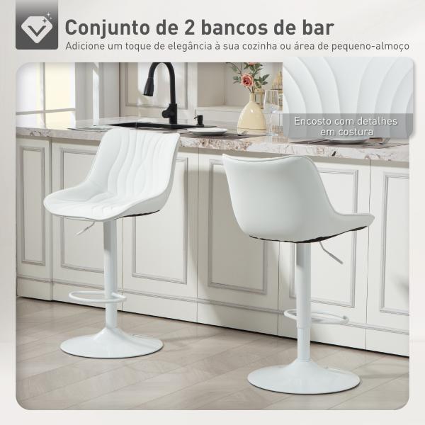 Conjunto de 2 Bancos de Bar Bancos Altos de Cozinha Giratórios com Altura Ajustável e Couro Sintético 47,5x54x92 - 110 cm Branco