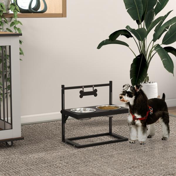 Comedouro Elevado para Cães com 2 Tigelas Altura Ajustável e 1 Peça de Metal com Formato de Osso 40,5x22x39 cm Preto