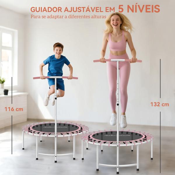 Trampolim de Fitness Adultos Ø102 cm com Pega Ajustável de 5 Níveis Estrutura em Aço para Treino de Pernas Corpo Rosa