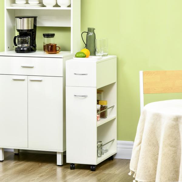 Carrinho de Cozinha com 1 Gaveta e 2 Prateleiras Abertas Carrinho de Cozinha Auxiliar cm Rodas 25x50x85cm Branco