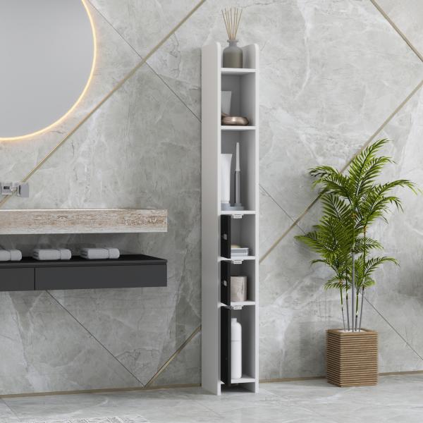 Coluna Casa de Banho com 3 Portas e 3 Prateleiras Abertas Coluna Auxiliar Estilo Moderno 15x17x120 cm Branco e Preto
