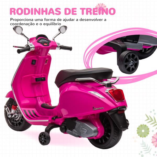 Moto Elétrica para Crianças com Licença Vespa 6V com USB MP3 Luz LED Rádio FM Velocidade 3 km/h 107x47x73 cm Rosa