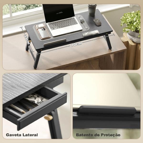 Mesa Reclinável para Cama e Sofá, Tabuleiro Dobrável com Gaveta Lateral para Computador Portátil e Livros, Cinco Alturas, Preto