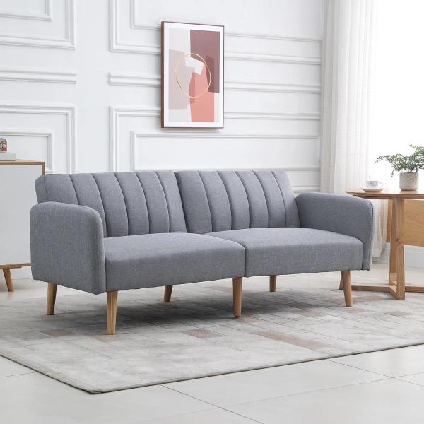 Sofá Cama de 2 Lugares com Encosto Ajustável em 3 Posições Apoio para os Braços Desmontável e Pés de Madeira Sofá Duplo Moderno para Sala de Estar Escritório 173x75x73cm Cinza