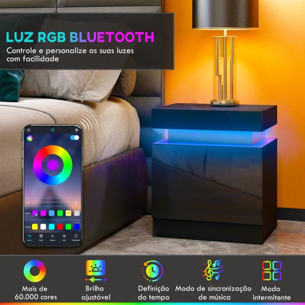 Mesa de Cabeceira com Luz LED Painel de Alto Brilho 2 Gavetas e Controlo Remoto para Dormitório 45x35x52 cm Preto
