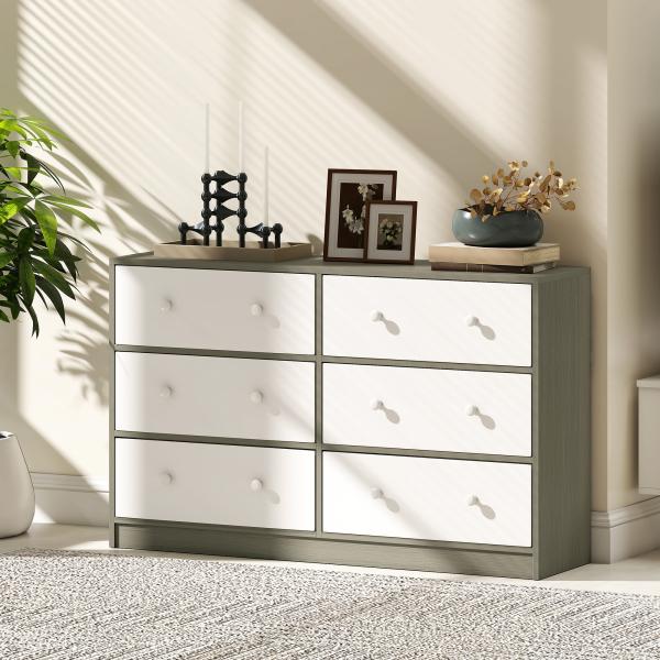 Cómoda com 6 Gavetas de Tecido Cómoda para Quarto Estrutura de Aço e MDF 114x30x70 cm Branco e Cinza