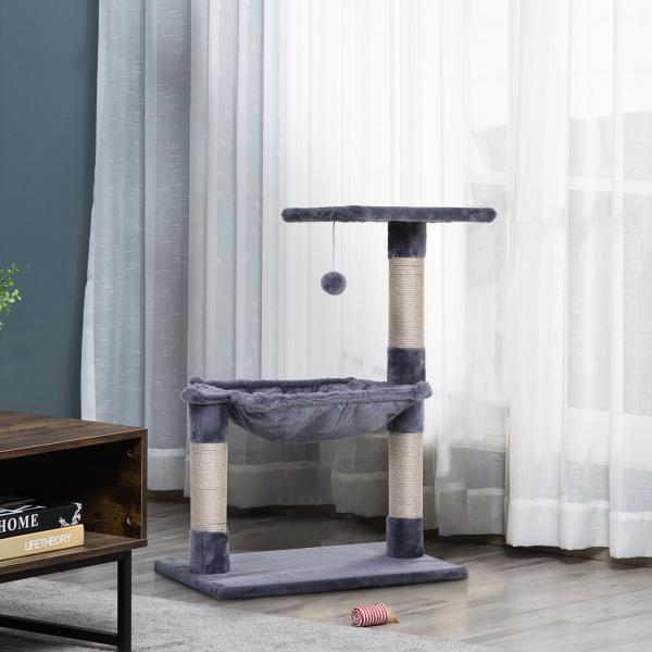 Árvore Arranhador para Gatos Torre para Gatos 50x36x70 cm com Rede Plataforma Poste de Sisal e Bola Suspensa Cinza