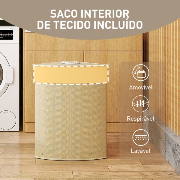 Cesto para Roupa Suja de Bambu de 55L com Tampa e Asa Saco Extraível e Lavável para Casa de Banho Quarto, 35x35x60 cm Creme