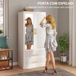 Roupeiro com Espelho 2 Portas e 2 Gavetas Relevo de Diamante Barra para Pendurar Estilo Moderno 80x50x180 cm Branco